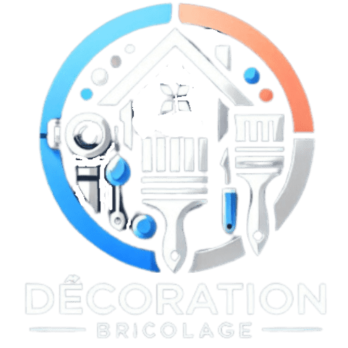 Logo moderne et professionnel pour décoration-bricolage.fr, représentant des éléments de décoration intérieure et de bricolage avec des icônes de maison, pinceau et outils, intégrant harmonieusement les couleurs bleu profond, bleu ciel, saumon clair et gris foncé