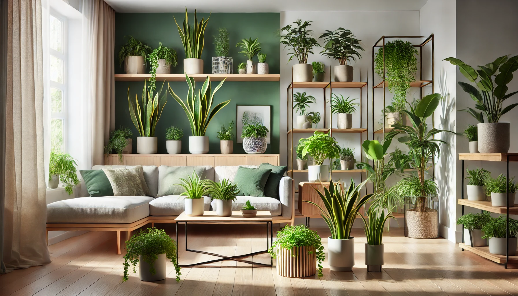 Salon vibrant et accueillant avec une sélection de plantes d'intérieur faciles à entretenir