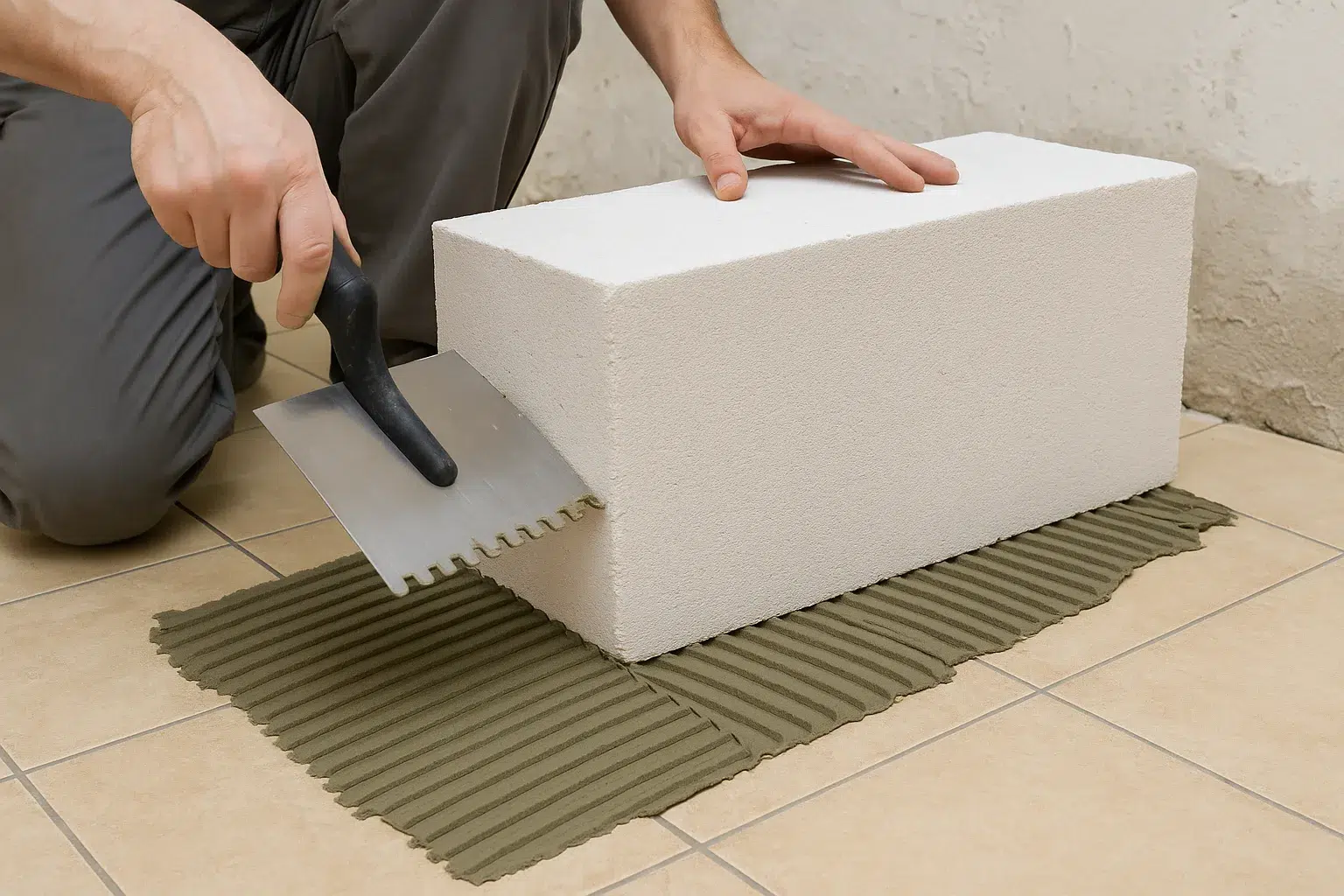 un homme qui pose du béton cellulaire suur du carrelage