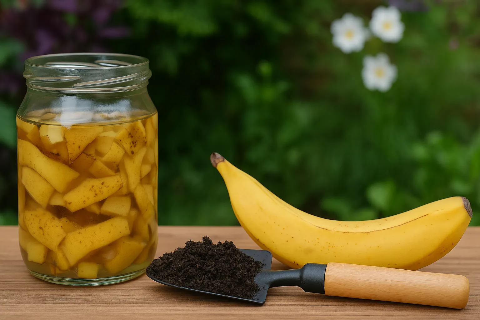 un engrais réalisé avec de la peaux de banane, une pelle avec de l'engrais et une banane entière a coté