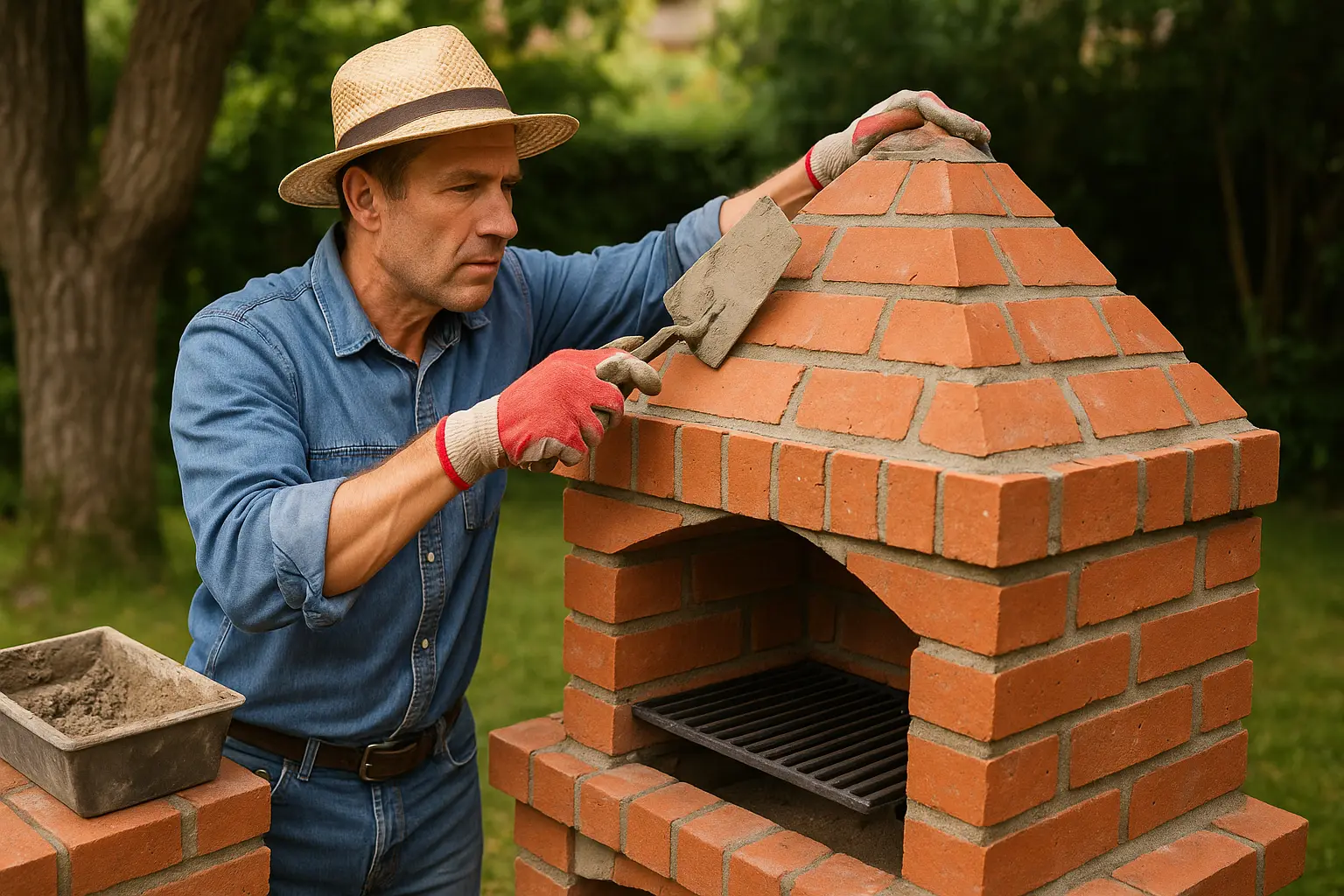homme qui construit une hote de barbecue un brique