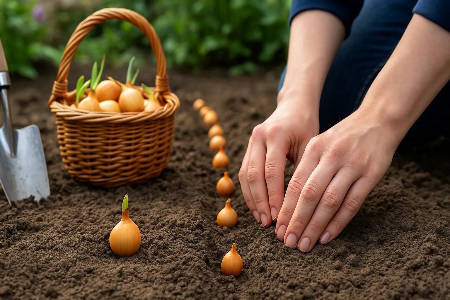 un homme entrain de planter des oignons