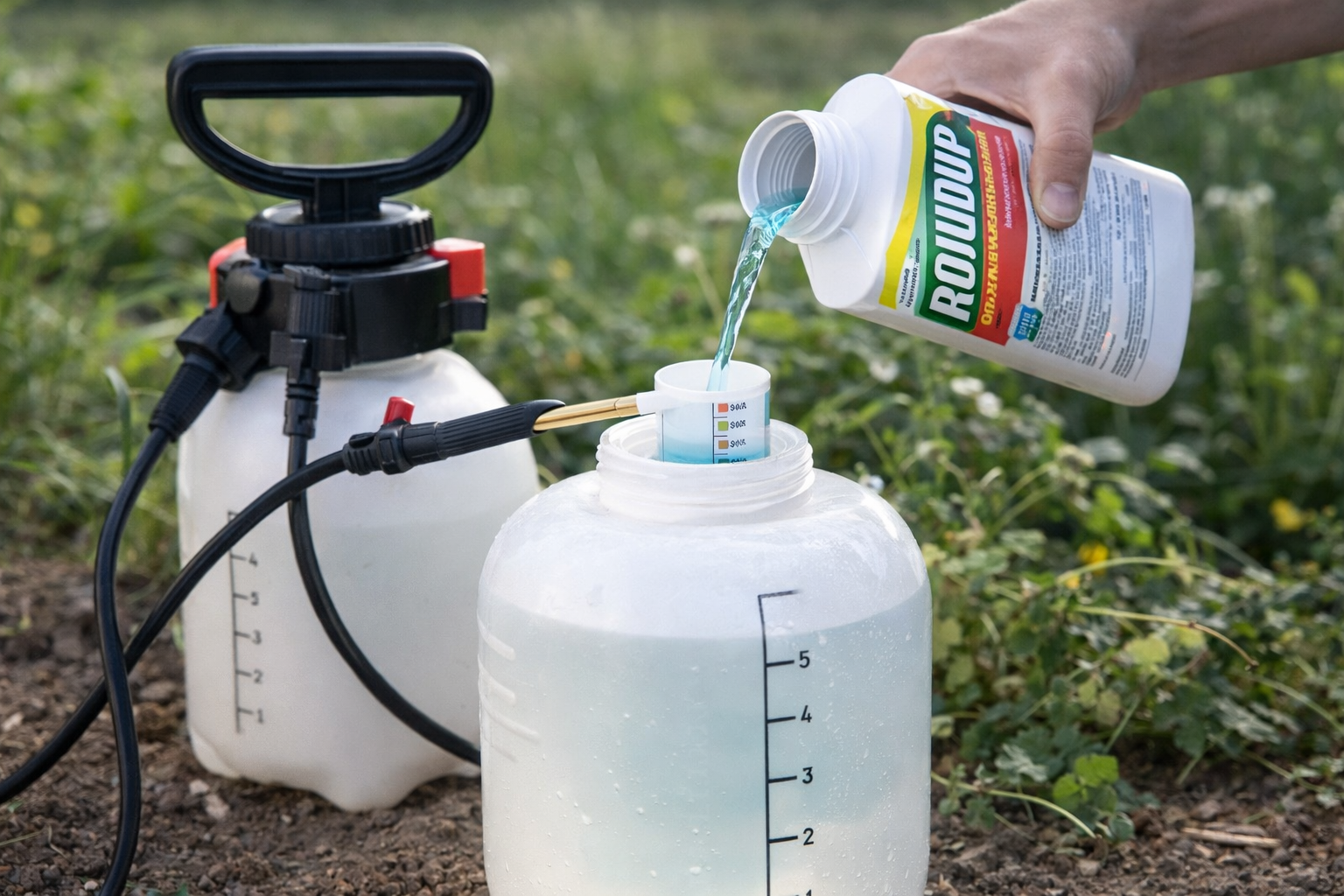 Un homme versant du roundup dans de l'eau en mesurant la quantité