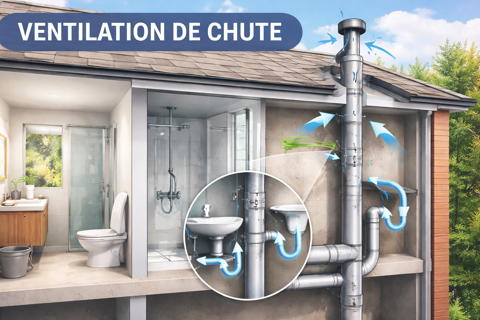 une vue en coupe d'une maison avec une ventilation de chute