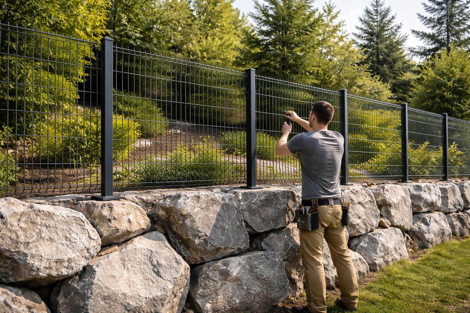 Renaud qui fixe sa cloture sur un enrochement dans son jardin