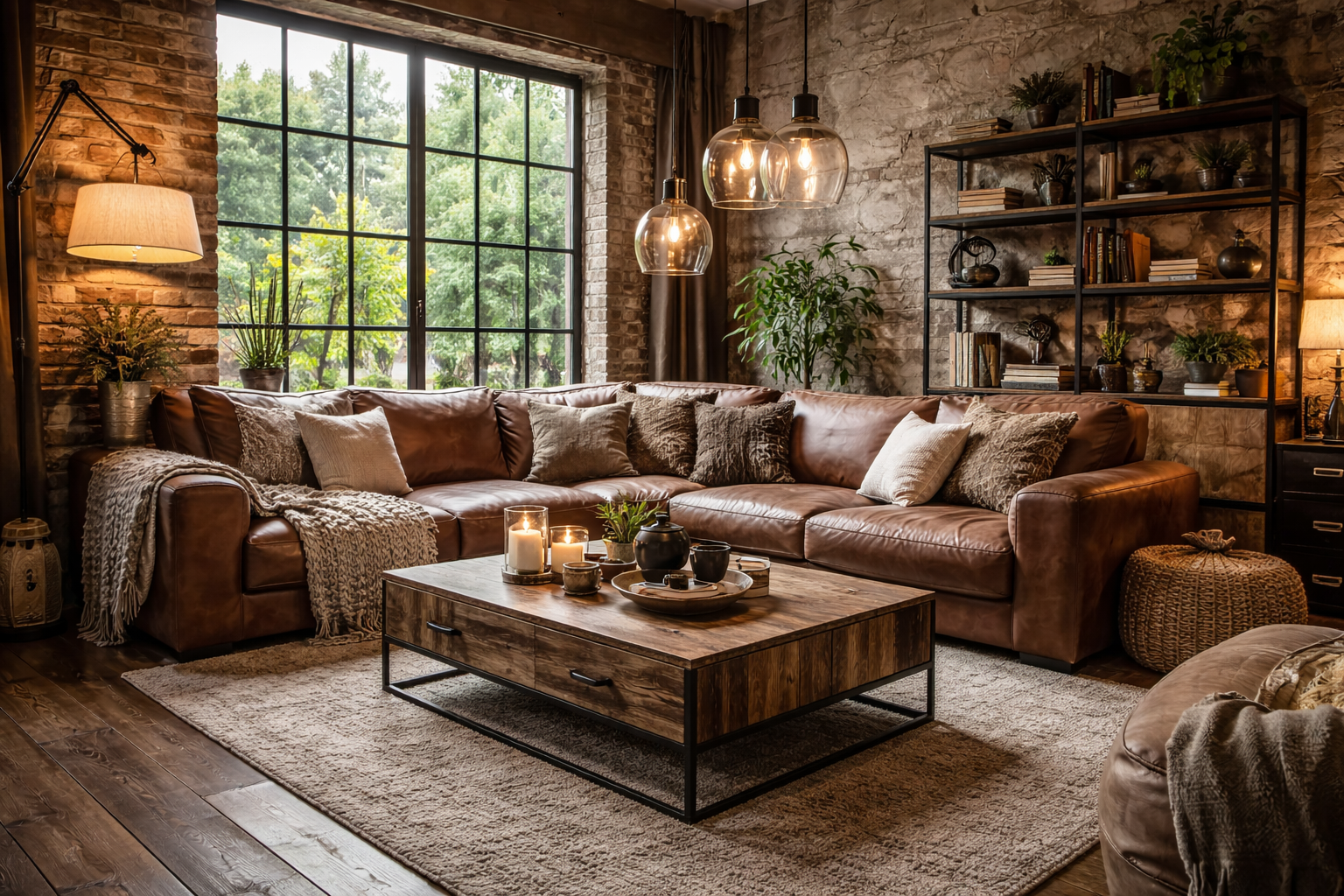 un salon avec une deco industriel, très chaleureux