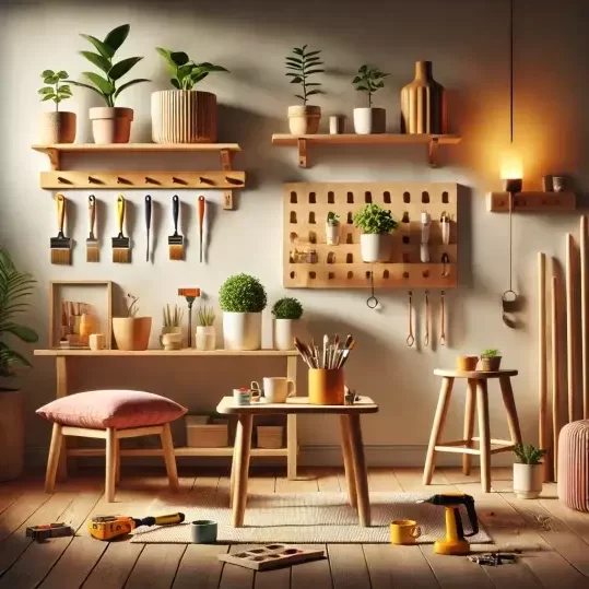 Une pièce bien éclairée et accueillante avec des projets DIY simples en cours. L'image inclut une petite table basse en cours de peinture, des étagères murales installées, et des plantes en pot. Les outils et matériaux sont minimalistes et faciles à utiliser, parfaits pour les débutants.